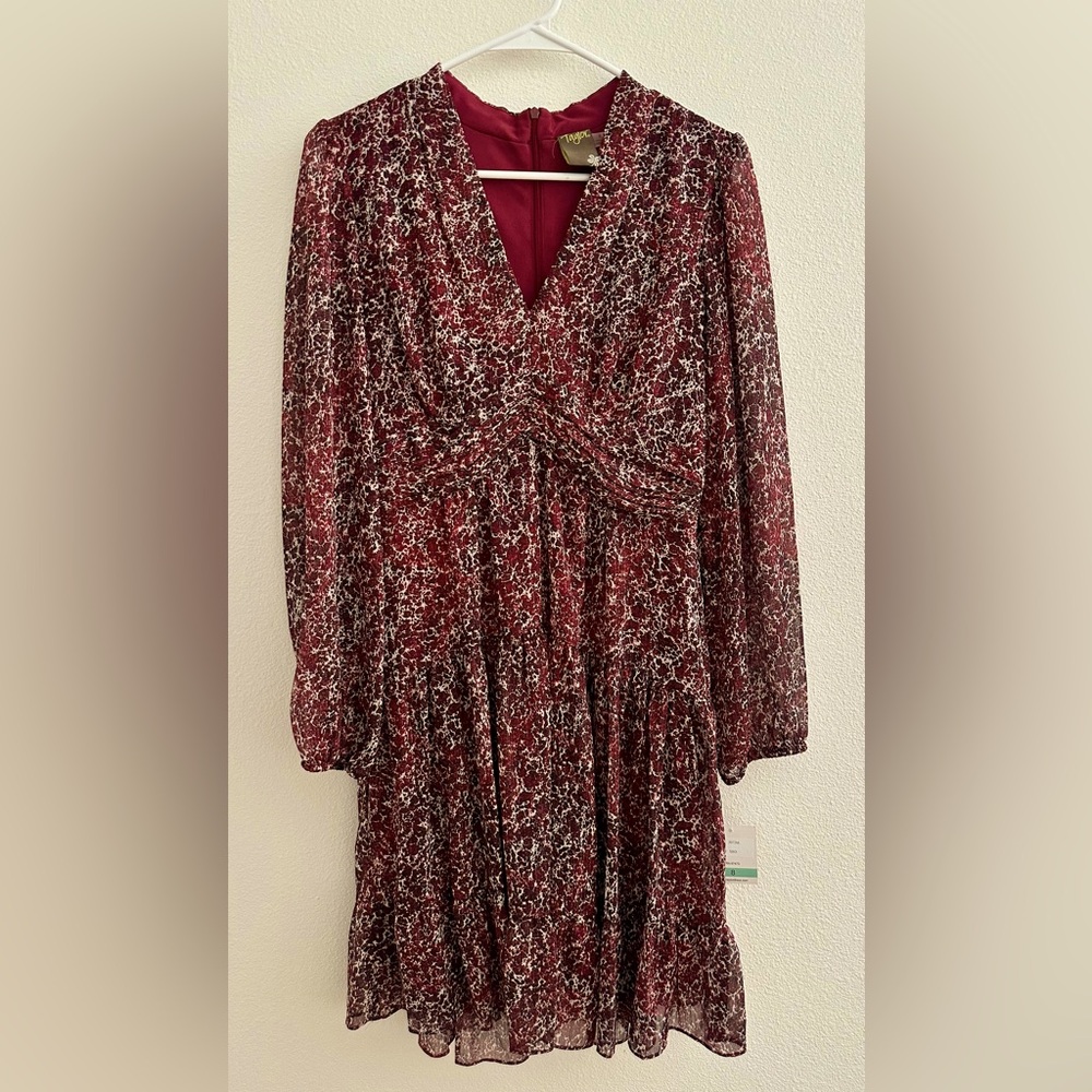 NWT Taylor brand flowy maroon/burgundy dress with silver shimmer, size 8